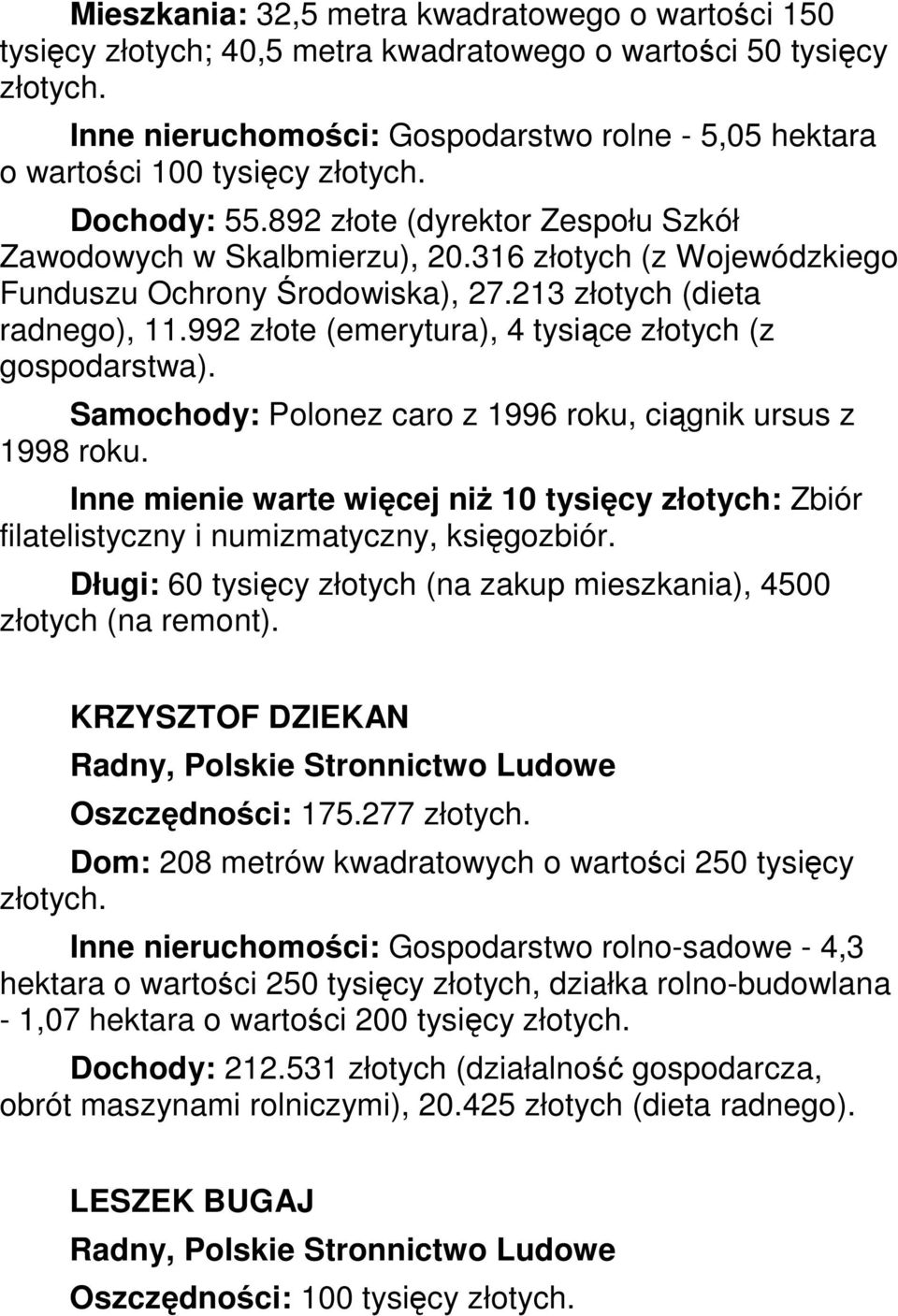 992 złote (emerytura), 4 tysiące złotych (z gospodarstwa). Samochody: Polonez caro z 1996 roku, ciągnik ursus z 1998 roku.