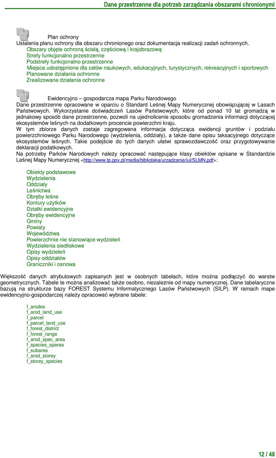 rekreacyjnych i sportowych Planowane działania ochronne Zrealizowane działania ochronne Ewidencyjno gospodarcza mapa Parku Narodowego Dane przestrzenne opracowane w oparciu o Standard Leśnej Mapy