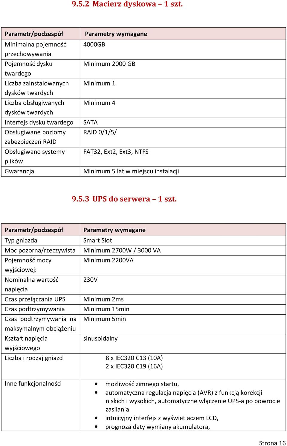 zabezpieczeń RAID Obsługiwane systemy plików Gwarancja Parametry wymagane 4000GB Minimum 2000 GB Minimum 1 Minimum 4 SATA RAID 0/1/5/ FAT32, Ext2, Ext3, NTFS Minimum 5 lat w miejscu instalacji 9.5.3 UPS do serwera 1 szt.