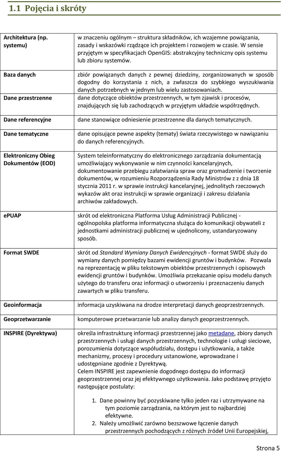 rządzące ich projektem i rozwojem w czasie. W sensie przyjętym w specyfikacjach OpenGIS: abstrakcyjny techniczny opis systemu lub zbioru systemów.