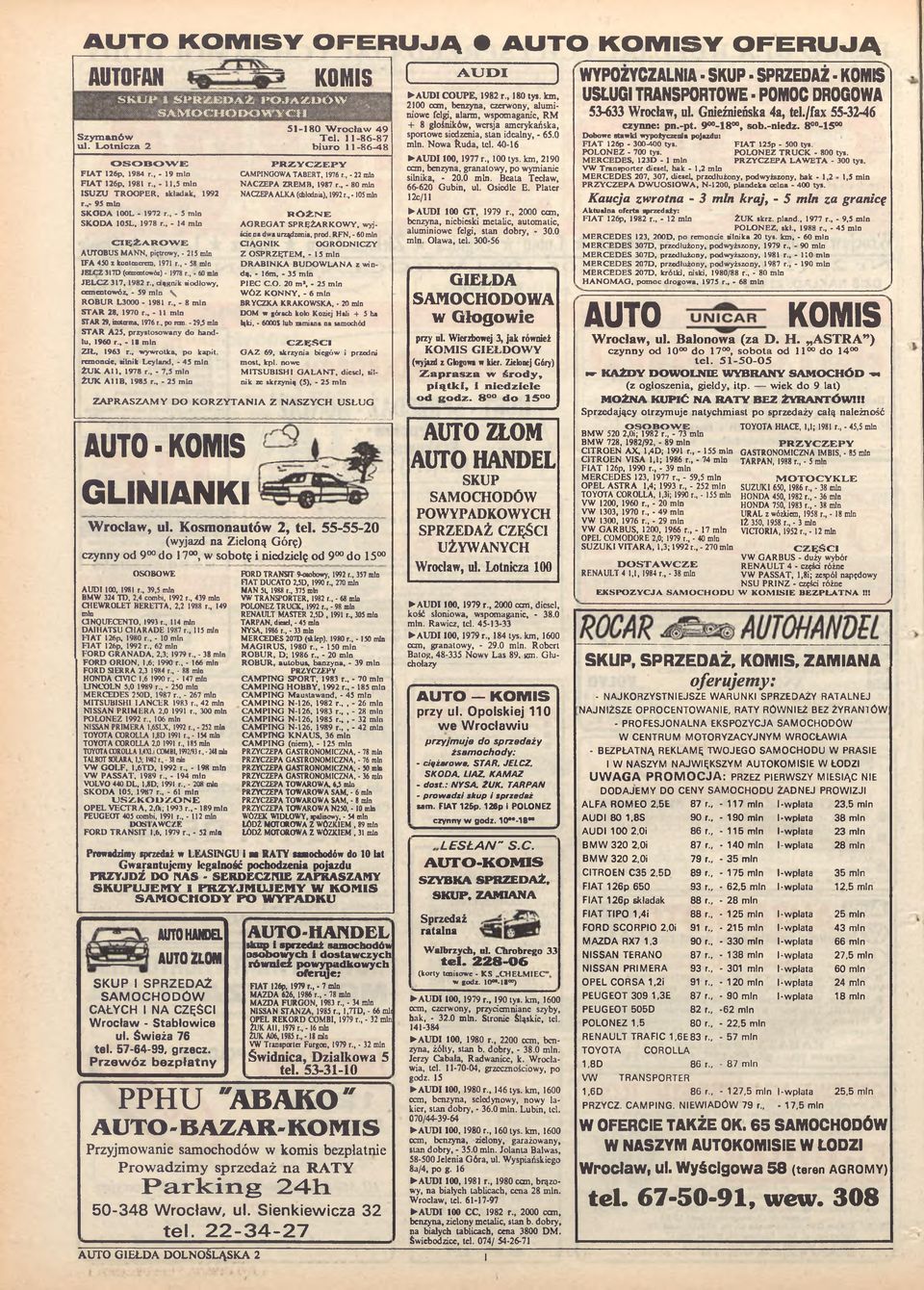 ,- 95 min SK O D A 100L - 1972 r., - 5 min SKODA 105L, 1978 r - 14 min C I Ę Ż A R O W E AUTOBUS MANN, piętrowy, - 215 min IFA 450 z kontenerem, 1971 r., 58 min JELCZ 317D (oementowóz) - 1978 r.