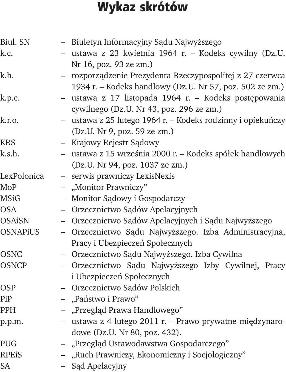 296 ze zm.) k.r.o. ustawa z 25 lutego 1964 r. Kodeks rodzinny i opiekuńczy (Dz.U. Nr 9, poz. 59 ze zm.) KRS Krajowy Rejestr Sądowy k.s.h. ustawa z 15 września 2000 r. Kodeks spółek handlowych (Dz.U. Nr 94, poz.