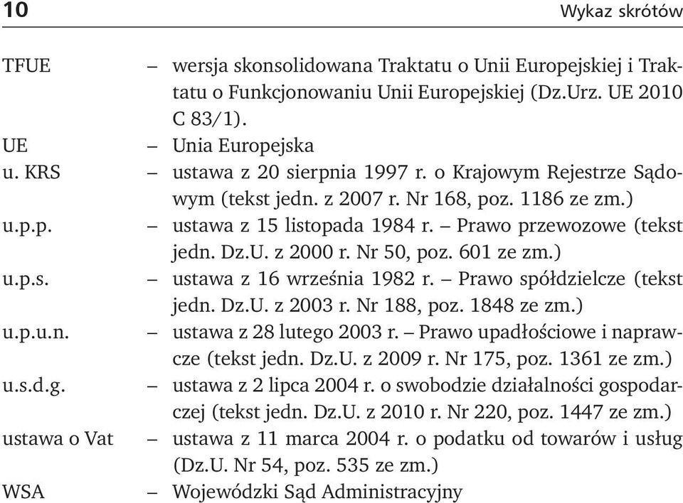 Prawo spółdzielcze (tekst jedn. Dz.U. z 2003 r. Nr 188, poz. 1848 ze zm.) u.p.u.n. ustawa z 28 lutego 2003 r. Prawo upadłościowe i naprawcze (tekst jedn. Dz.U. z 2009 r. Nr 175, poz. 1361 ze zm.) u.s.d.g. ustawa z 2 lipca 2004 r.