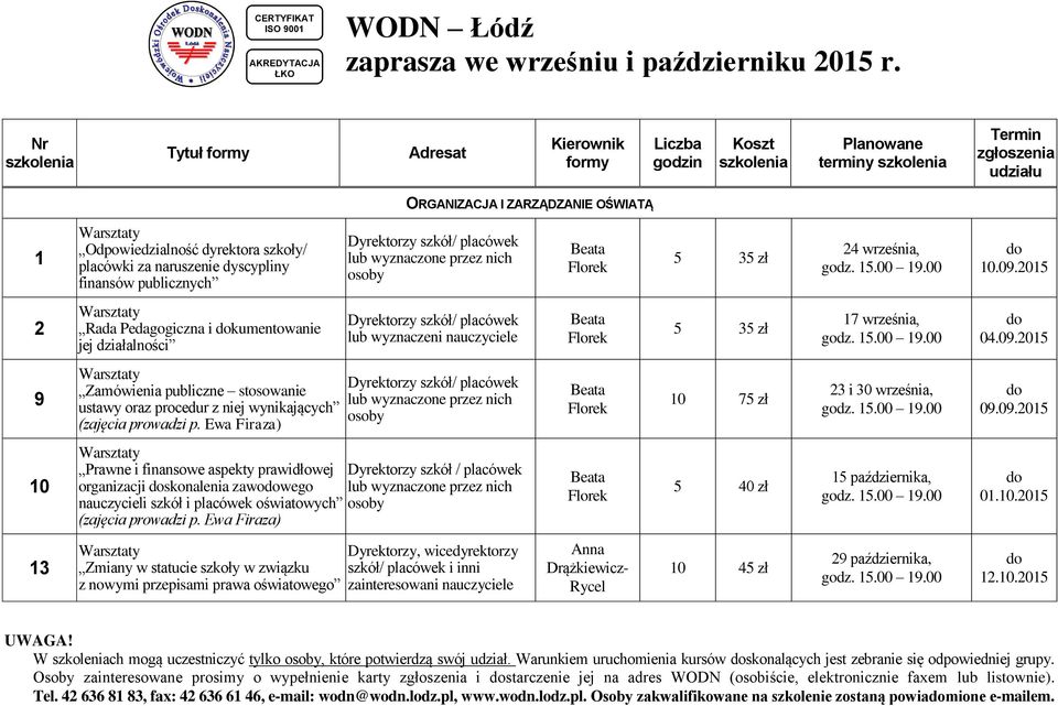 szkoły/ placówki za naruszenie dyscypliny finansów publicznych Dyrektorzy szkół/ placówek lub wyznaczone przez nich osoby 24 września, 10.09.