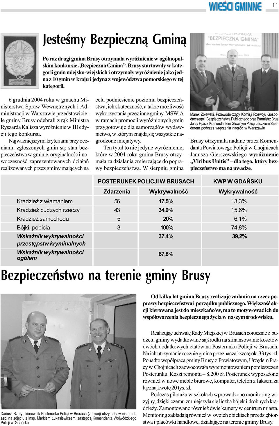 6 grudnia 2004 roku w gmachu Ministerstwa Spraw Wewnêtrznych i Administracji w Warszawie przedstawiciele gminy Brusy odebrali z r¹k Ministra Ryszarda Kalisza wyró nienie w III edycji tego konkursu.