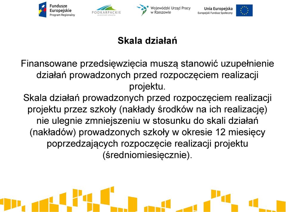 Skala działań prowadzonych przed rozpoczęciem realizacji projektu przez szkoły (nakłady środków na ich