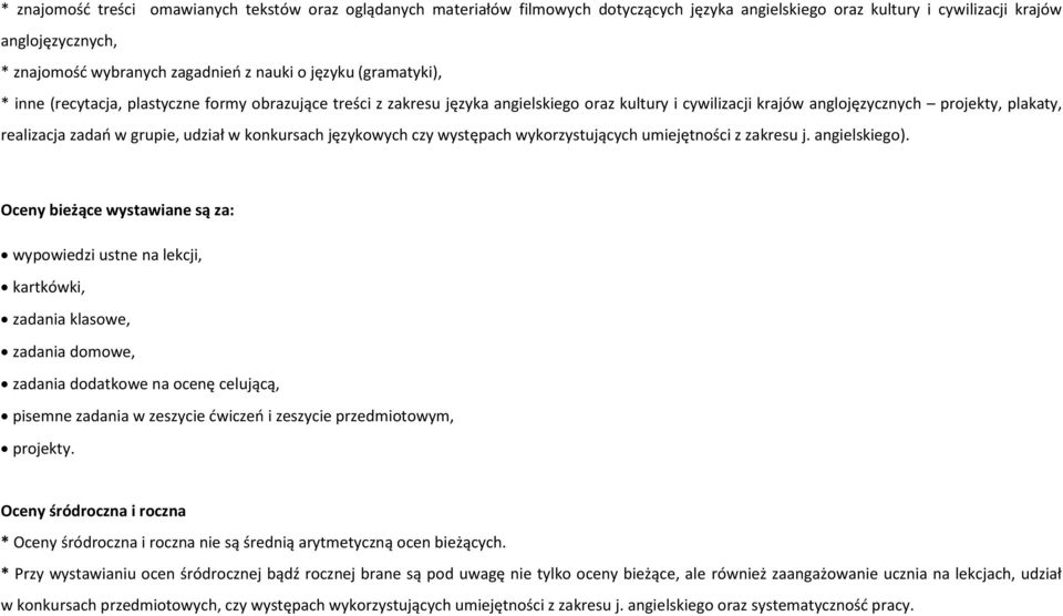 udział w konkursach językowych czy występach wykorzystujących umiejętności z zakresu j. angielskiego).