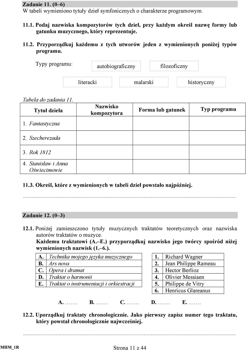 Tytuł dzieła Nazwisko kompozytora Forma lub gatunek Typ programu 1. Fantastyczna 2. Szecherezada 3. Rok 1812 4. Stanisław i Anna Oświecimowie 11.3. Określ, które z wymienionych w tabeli dzieł powstało najpóźniej.