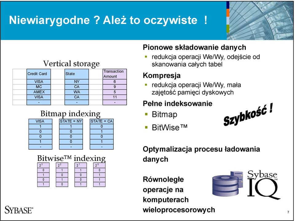 STATE = NY - STATE = CA - Bitwise indexing Pionowe składowanie danych redukcja operacji We/Wy, odejście od skanowania