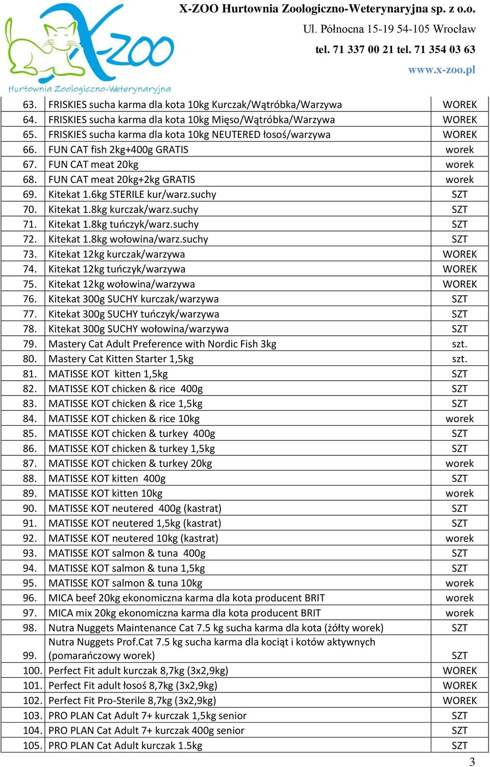 6kg STERILE kur/warz.suchy 70. Kitekat 1.8kg kurczak/warz.suchy 71. Kitekat 1.8kg tuńczyk/warz.suchy 72. Kitekat 1.8kg wołowina/warz.suchy 73. Kitekat 12kg kurczak/warzywa WOREK 74.