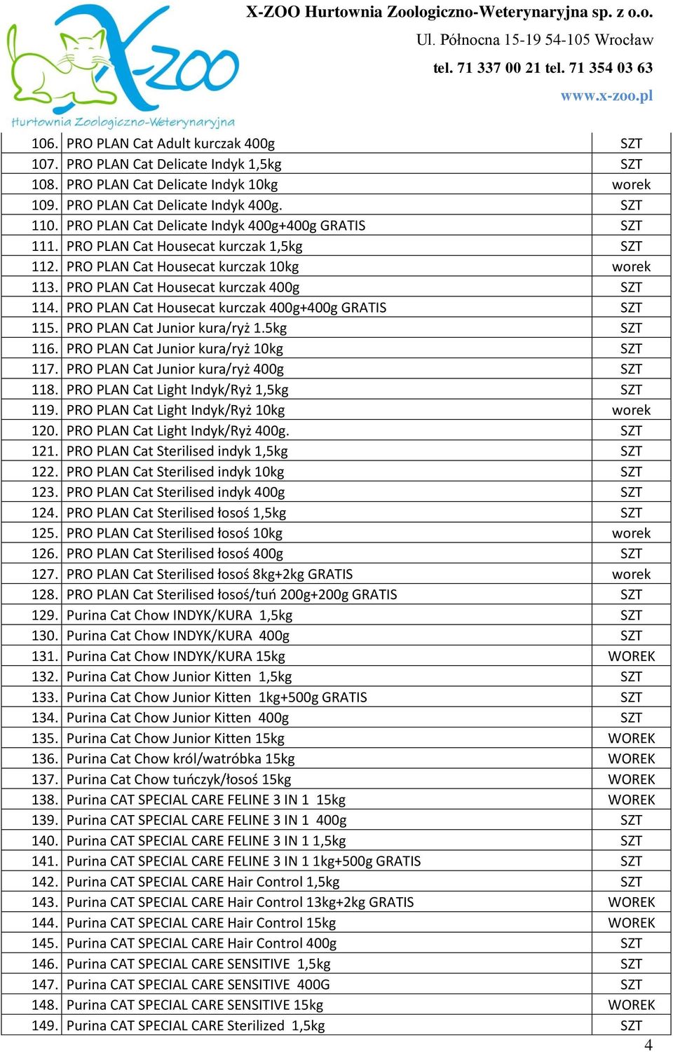 PRO PLAN Cat Housecat kurczak 400g+400g GRATIS 115. PRO PLAN Cat Junior kura/ryż 1.5kg 116. PRO PLAN Cat Junior kura/ryż 10kg 117. PRO PLAN Cat Junior kura/ryż 400g 118.