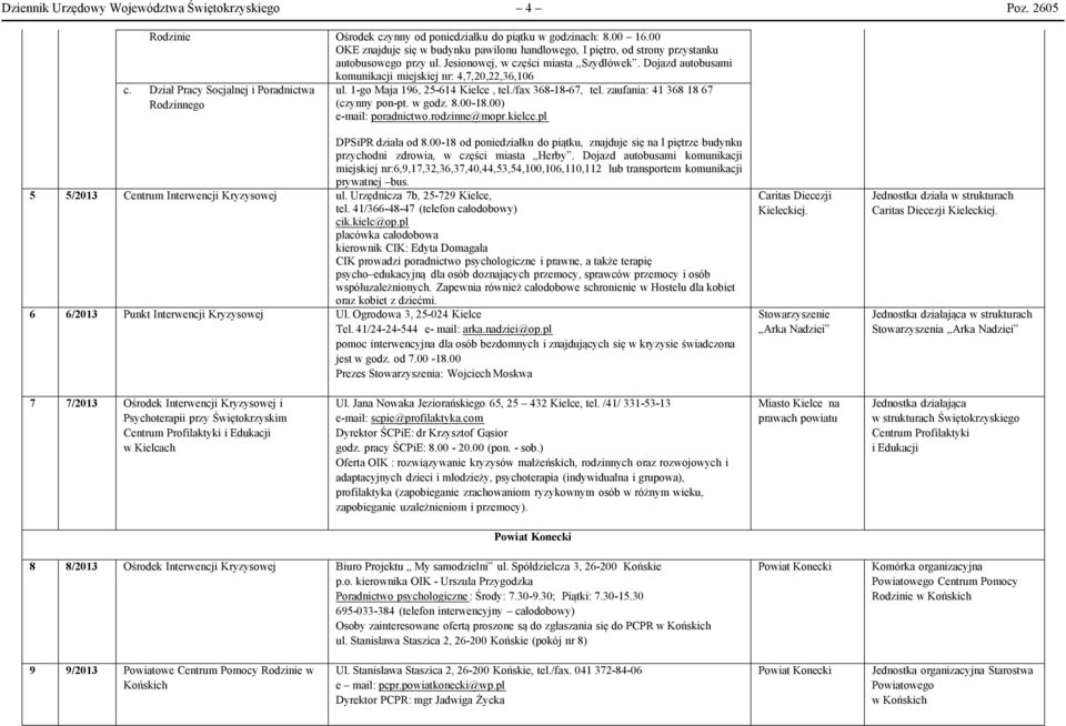 Dojazd autobusami komunikacji miejskiej nr: 4,7,20,22,36,106 c. Dział Pracy Socjalnej i Poradnictwa Rodzinnego ul. 1-go Maja 196, 25-614 Kielce, tel./fax 368-18-67, tel.