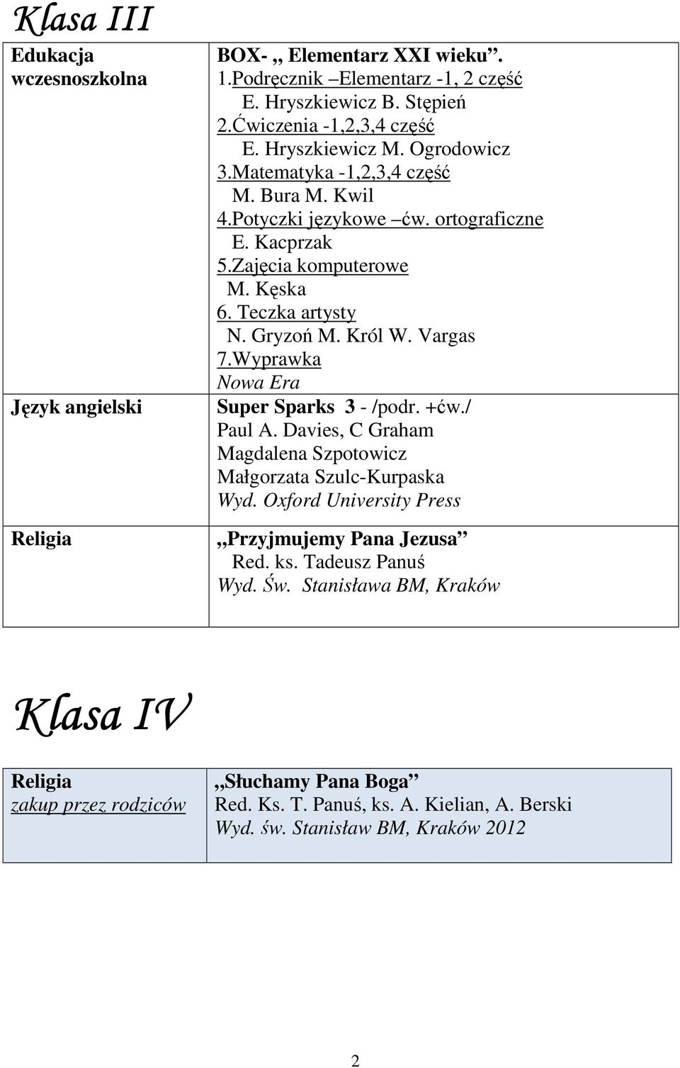 Vargas 7.Wyprawka Nowa Era Super Sparks 3 - /podr. +ćw./ Paul A. Davies, C Graham Magdalena Szpotowicz Małgorzata Szulc-Kurpaska Przyjmujemy Pana Jezusa Red. ks.