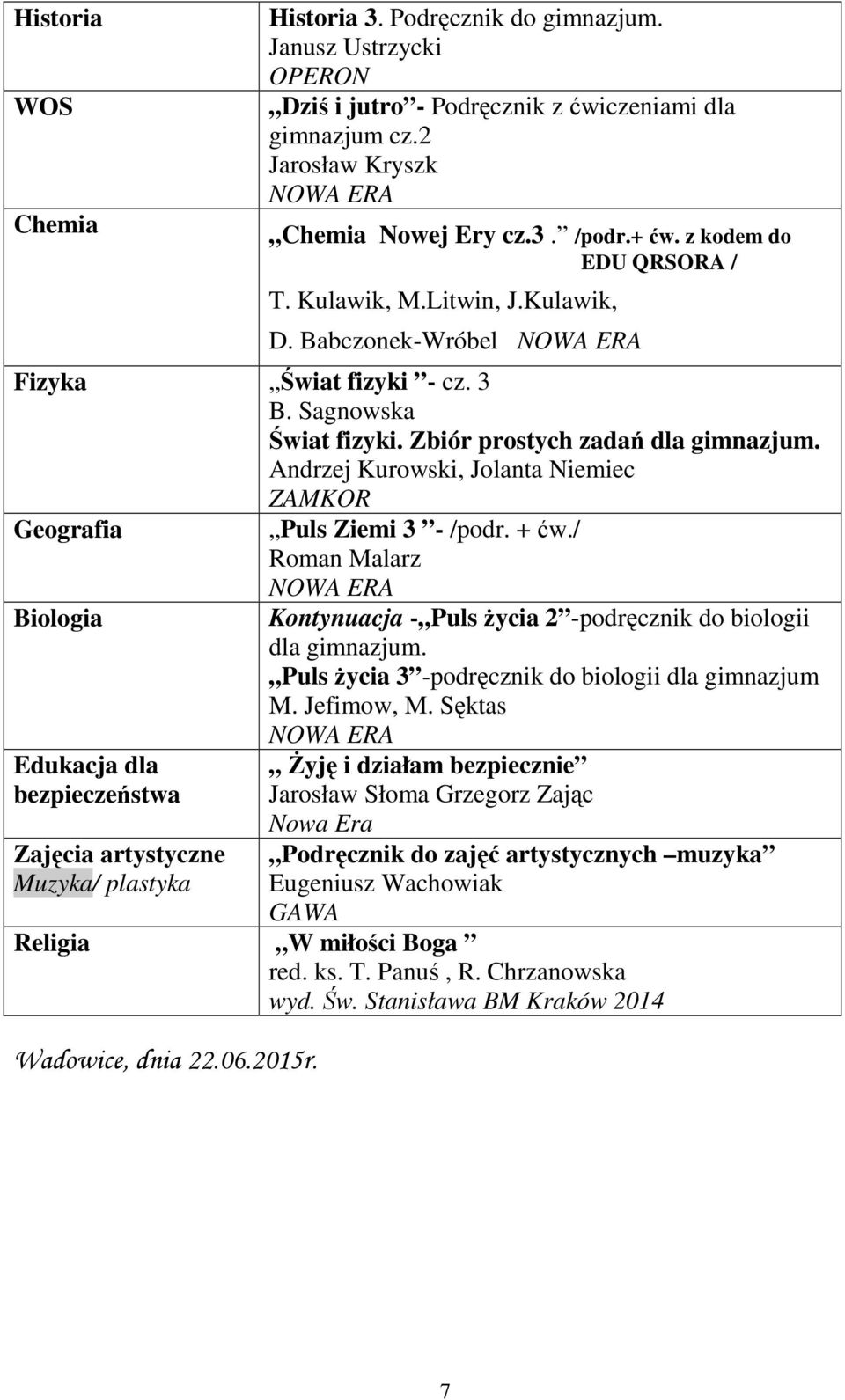 Andrzej Kurowski, Jolanta Niemiec ZAMKOR Geografia Puls Ziemi 3 - /podr. + ćw./ Roman Malarz Biologia Kontynuacja - Puls życia 2 -podręcznik do biologii dla gimnazjum.