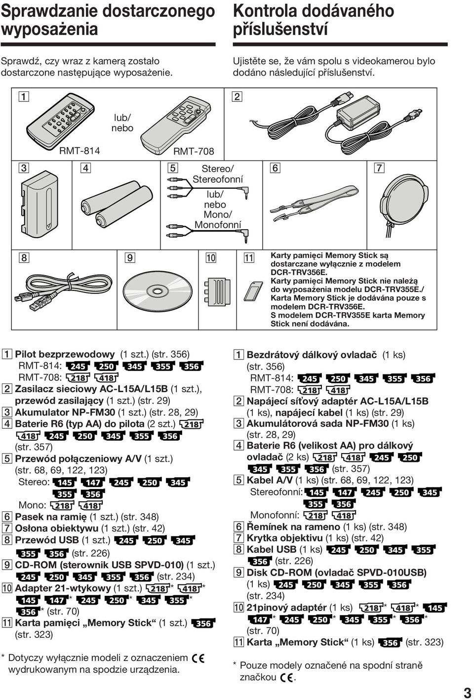 1 2 3 RMT-814 4 lub/ nebo 5 RMT-708 Stereo/ Stereofonní lub/ nebo Mono/ Monofonní 6 7 Getting started 8 9 q; qa Karty pamięci Memory Stick są dostarczane wyłącznie z modelem DCR-TRV356E.