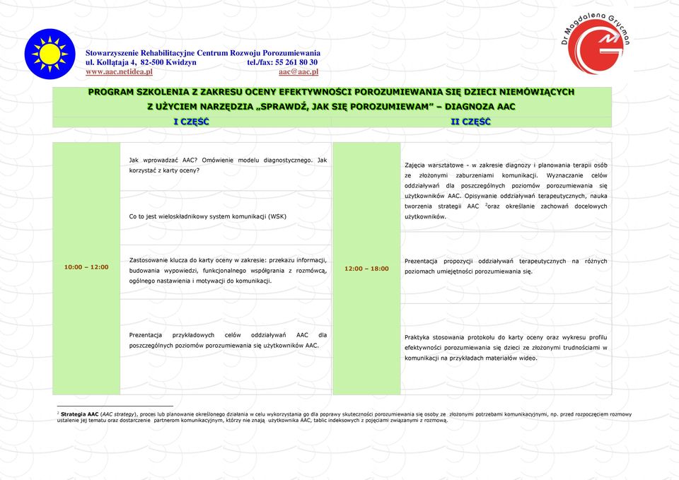 Zajęcia warsztatowe - w zakresie diagnozy i planowania terapii osób ze złożonymi zaburzeniami komunikacji.