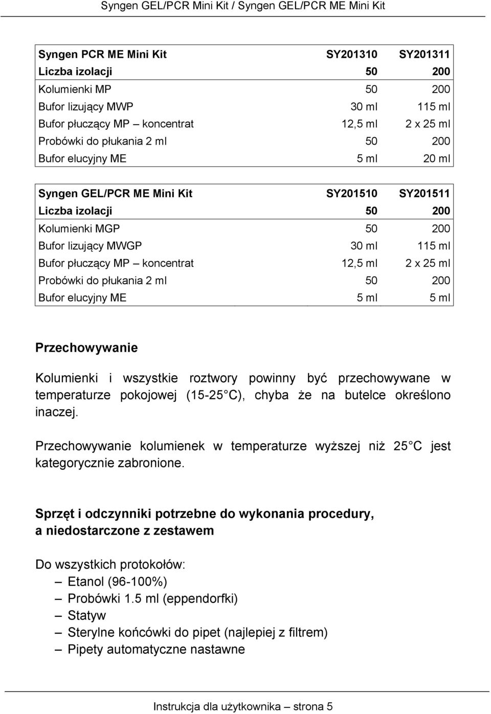 Probówki do płukania 2 ml 50 200 Bufor elucyjny ME 5 ml 5 ml Przechowywanie Kolumienki i wszystkie roztwory powinny być przechowywane w temperaturze pokojowej (15-25 C), chyba że na butelce określono