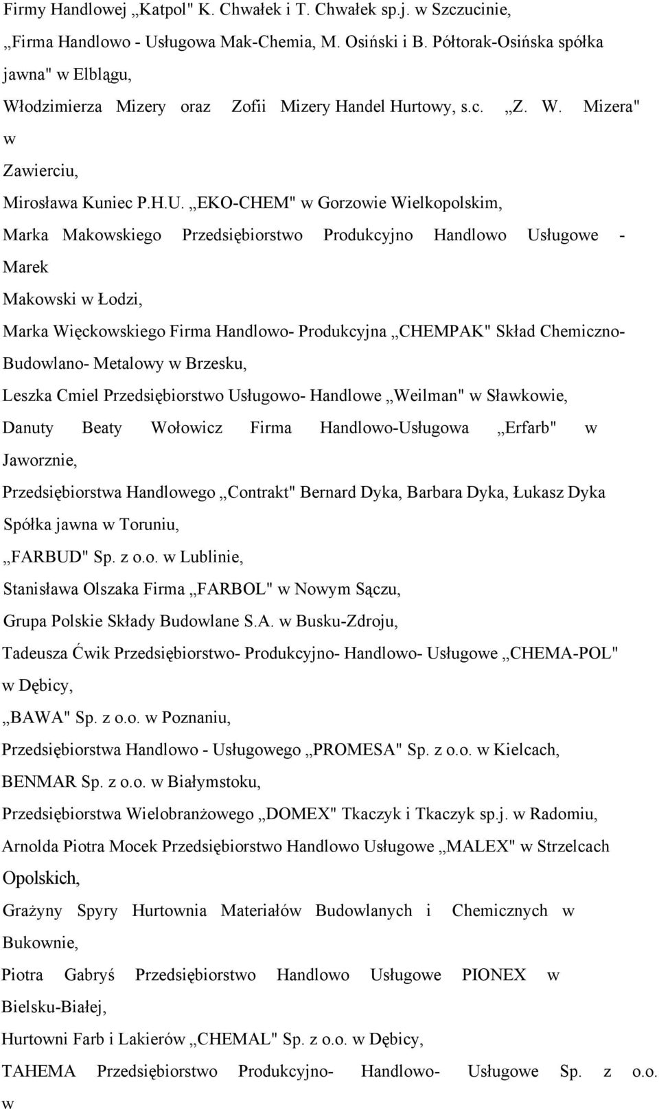 EKO-CHEM" w Gorzowie Wielkopolskim, Marka Makowskiego Przedsiębiorstwo Produkcyjno Handlowo Usługowe - Marek Makowski w Łodzi, Marka Więckowskiego Firma Handlowo- Produkcyjna CHEMPAK" Skład