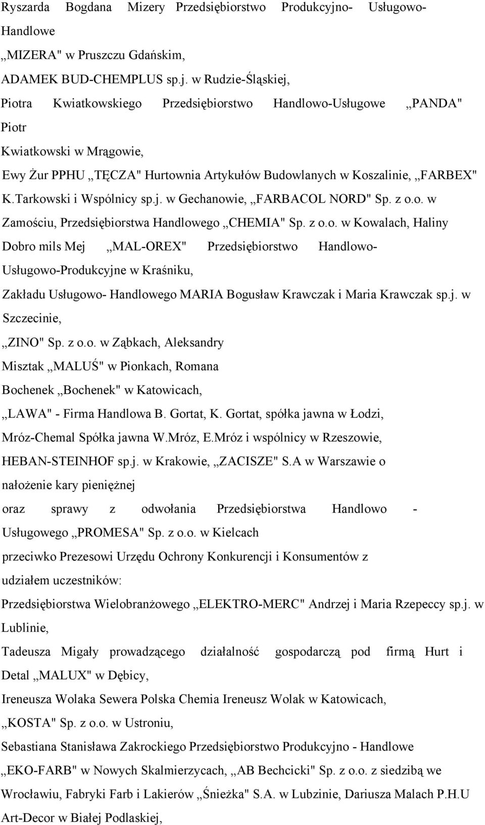 w Rudzie-Śląskiej, Piotra Kwiatkowskiego Przedsiębiorstwo Handlowo-Usługowe PANDA" Piotr Kwiatkowski w Mrągowie, Ewy Żur PPHU TĘCZA" Hurtownia Artykułów Budowlanych w Koszalinie, FARBEX" K.