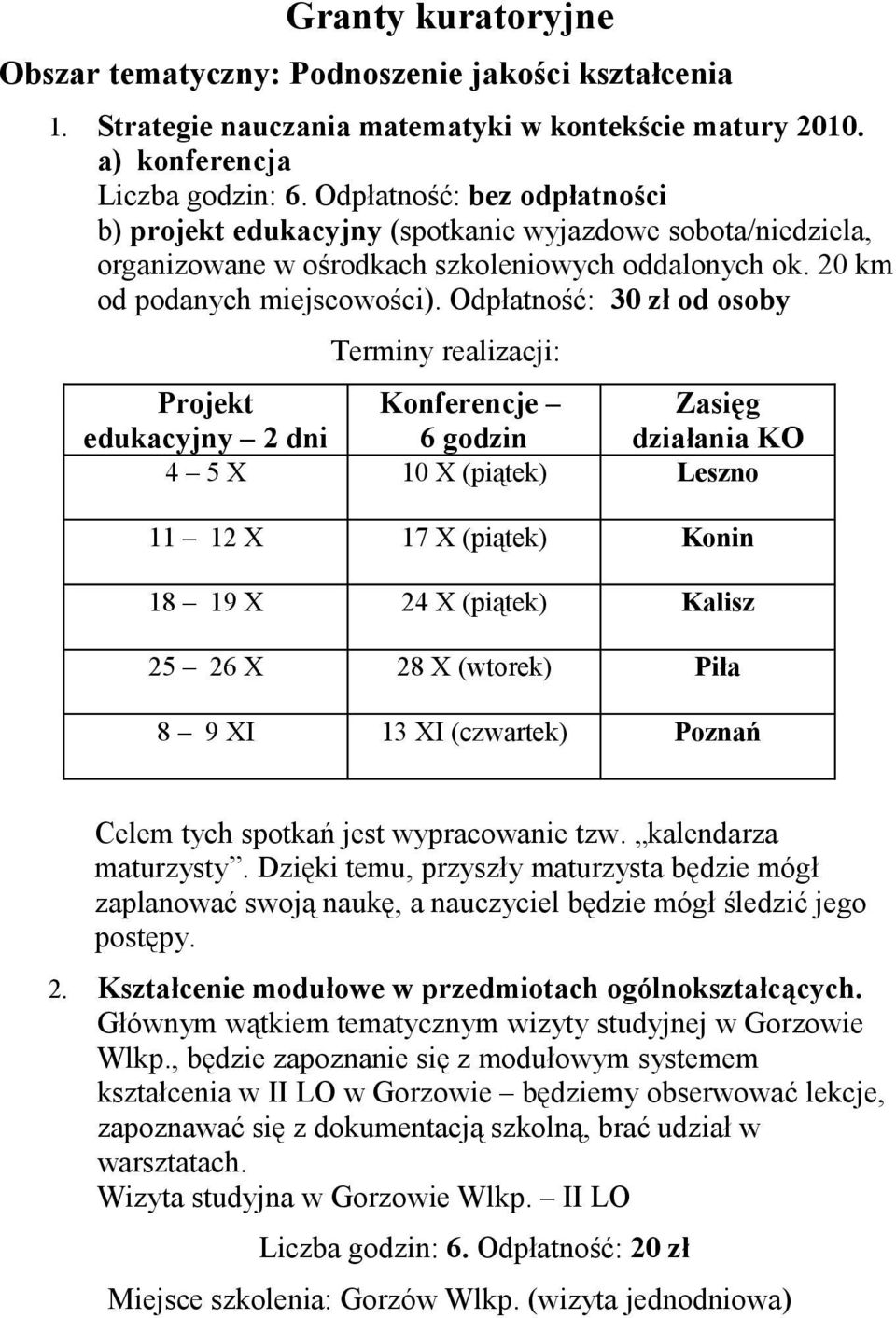 Odpłatność: 30 zł od osoby Terminy realizacji: Projekt Konferencje Zasięg edukacyjny 2 dni 6 godzin działania KO 4 5 X 10 X (piątek) Leszno 11 12 X 17 X (piątek) Konin 18 19 X 24 X (piątek) Kalisz 25