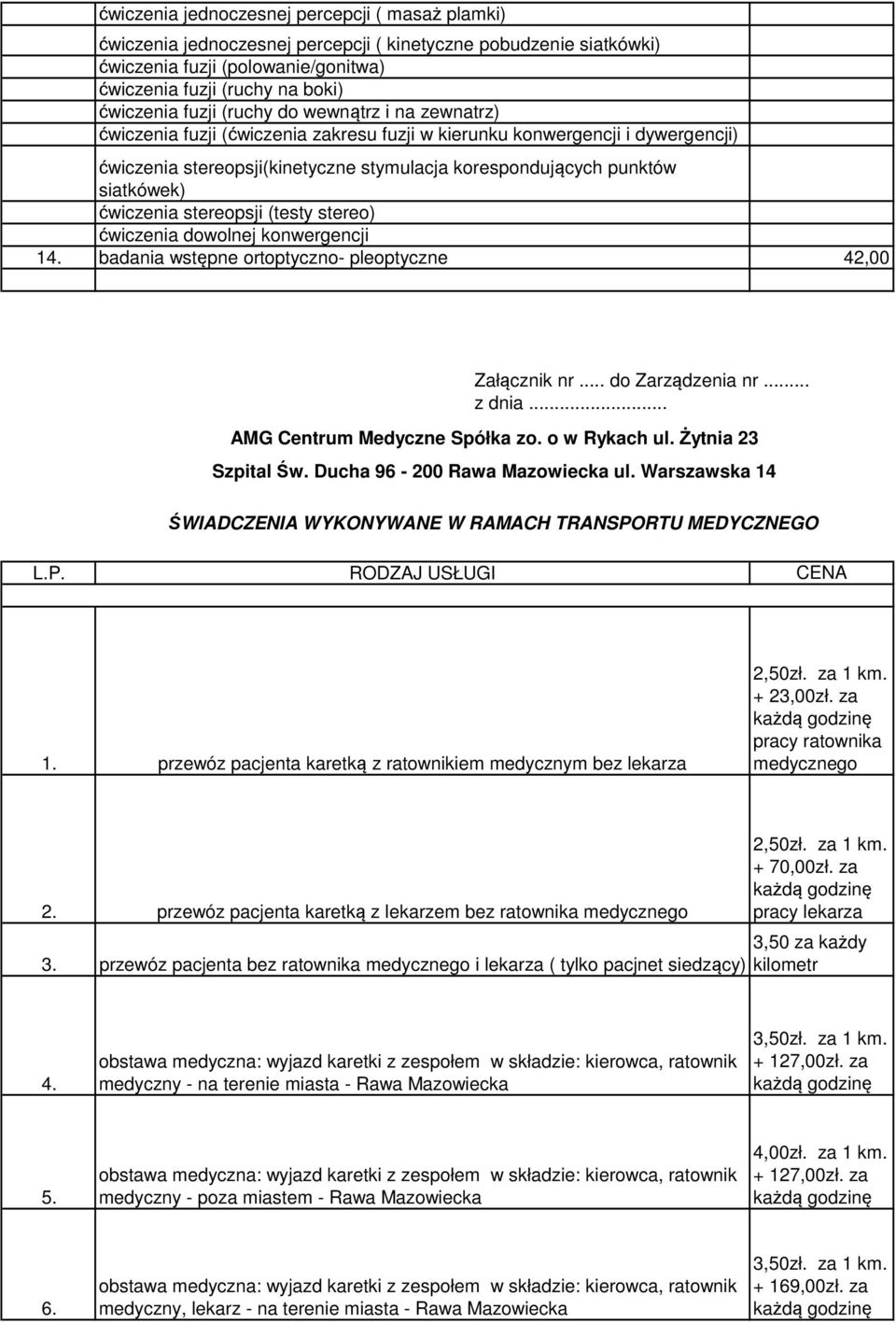 ćwiczenia stereopsji (testy stereo) ćwiczenia dowolnej konwergencji 14. badania wstępne ortoptyczno- pleoptyczne 42,00 ŚWIADCZENIA WYKONYWANE W RAMACH TRANSPORTU MEDYCZNEGO 1.