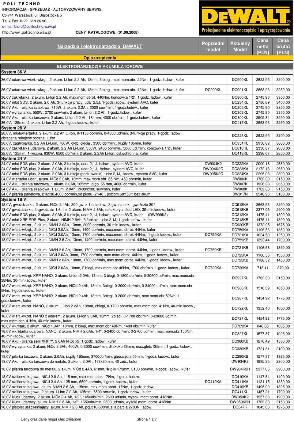 , 2 akum. Li-Ion 2.2 Ah, 13mm, 3 biegi, max.mom.obr. 22Nm, 1-godz. ładow., DC900KL 2622,95 3200,00 36,0V udarowa wiert.-wkręt., 2 akum. Li-Ion 2.2 Ah, 13mm, 3 biegi, max.mom.obr. 42Nm, 1-godz. ładow., DC900KL DC901KL 2663,93 3250,00 36,0V zakrętarka, 2 akum.