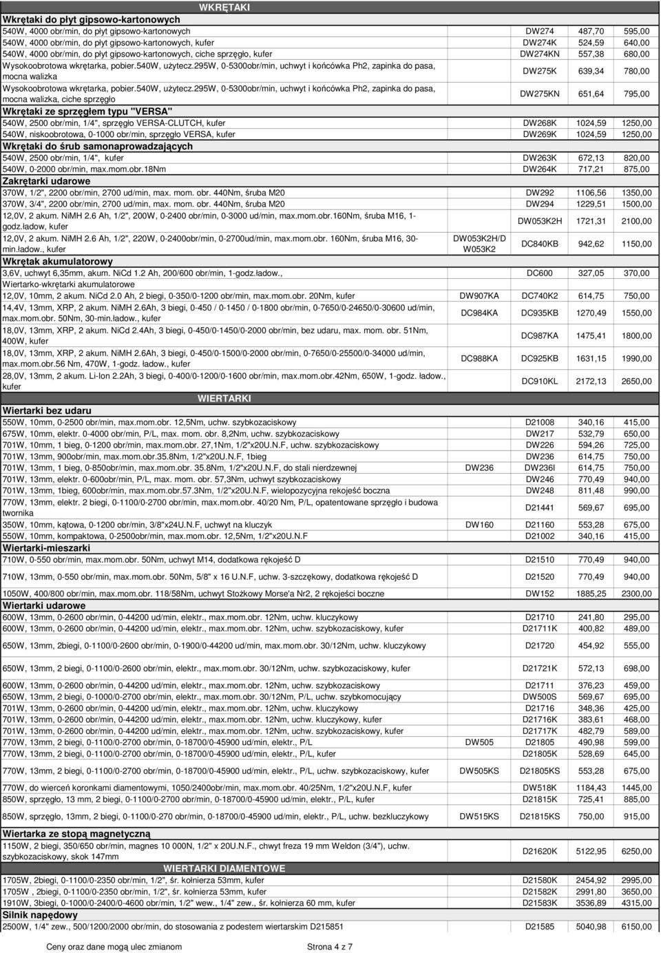 295w, 0-5300obr/min, uchwyt i końcówka Ph2, zapinka do pasa, mocna walizka DW275K 639,34 780,00 Wysokoobrotowa wkrętarka, pobier.540w, uŝytecz.