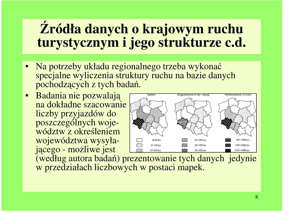 Badania nie pozwalają na dokładne szacowanie liczby przyjazdów do poszczególnych województw z określeniem