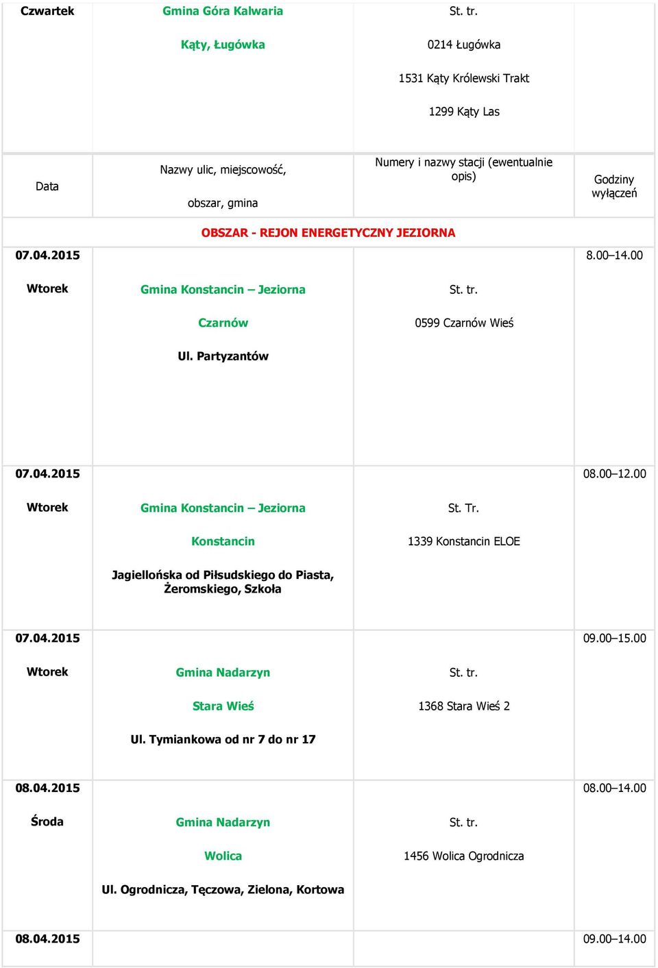 00 12.00 Gmina Konstancin Jeziorna St. Tr. Konstancin 1339 Konstancin ELOE Jagiellońska od Piłsudskiego do Piasta, Żeromskiego, Szkoła 07.04.