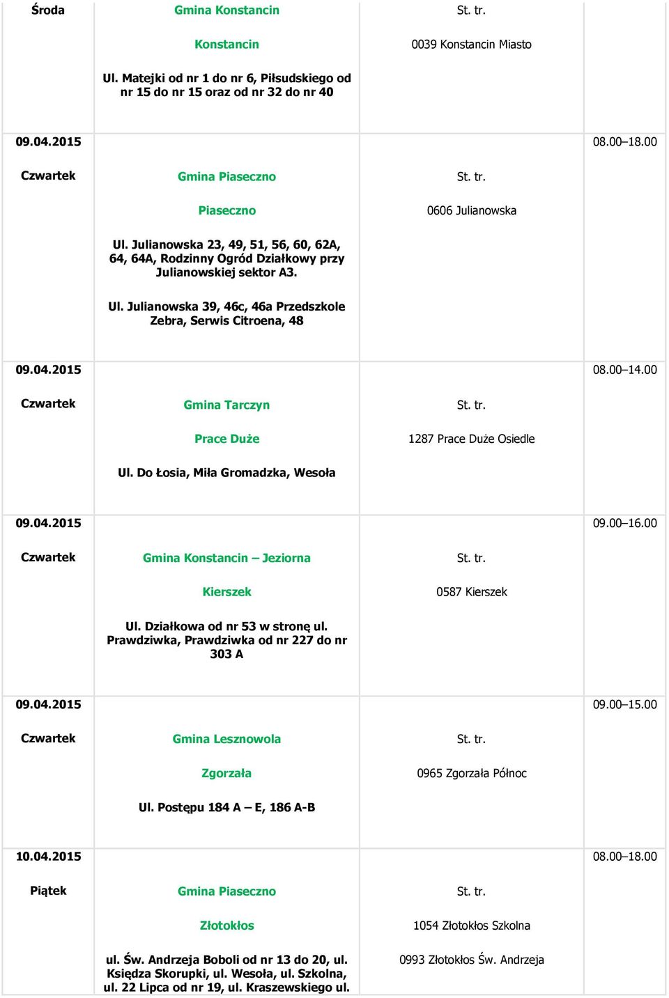 Julianowska 39, 46c, 46a Przedszkole Zebra, Serwis Citroena, 48 Gmina Tarczyn Prace Duże 1287 Prace Duże Osiedle Ul. Do Łosia, Miła Gromadzka, Wesoła 09.00 16.