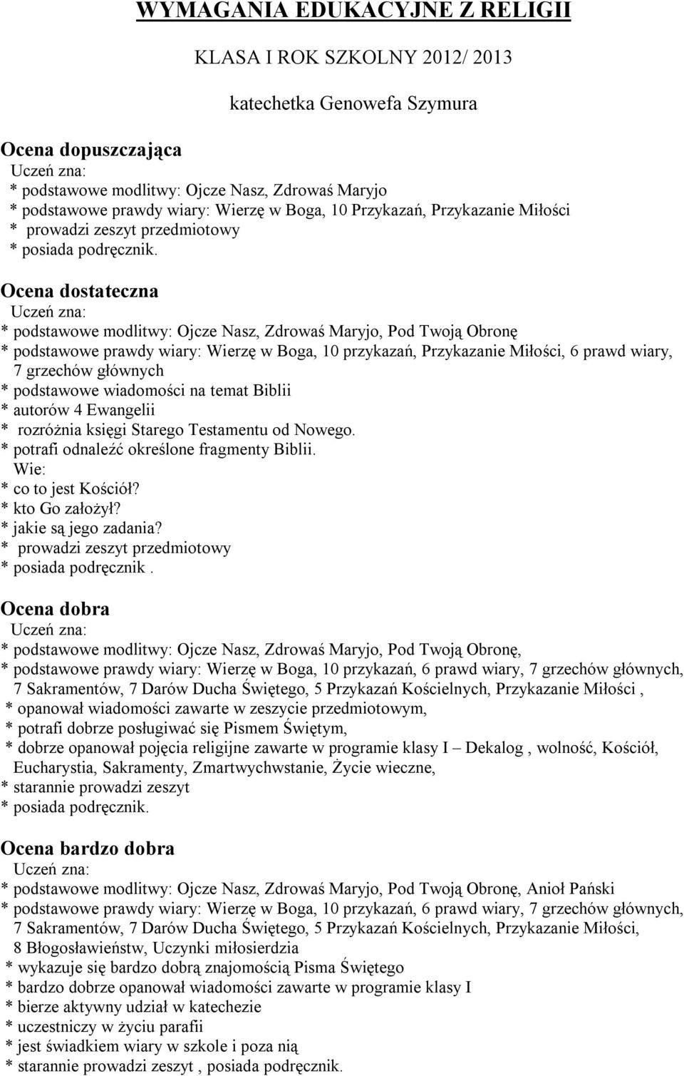 Ewangelii * rozróżnia księgi Starego Testamentu od Nowego. * potrafi odnaleźć określone fragmenty Biblii. Wie: * co to jest Kościół? * kto Go założył? * jakie są jego zadania? * posiada podręcznik.
