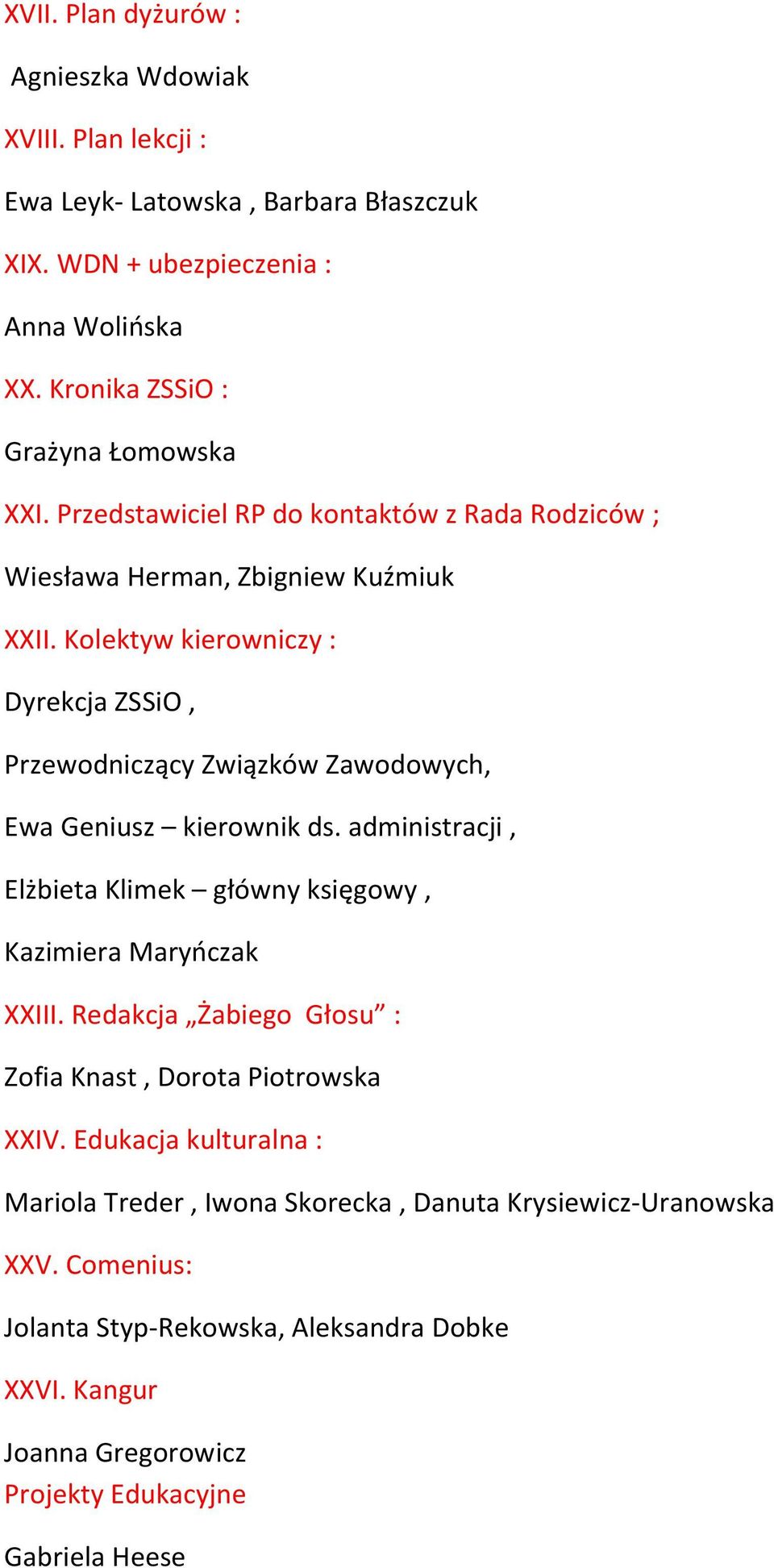 Kolektyw kierowniczy : Dyrekcja ZSSiO, Przewodniczący Związków Zawodowych, Ewa Geniusz kierownik ds. administracji, Elżbieta Klimek główny księgowy, Kazimiera Maryoczak XXIII.