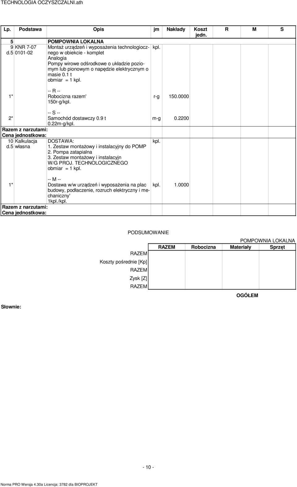 1 t obmiar = 1 150r-g/ 2* Samochód dostawczy 0.9 t 0.22m-g/ 10 Kalkulacja d.5 własna 1. Zestaw montażowy i instalacyjny do POMP 2.