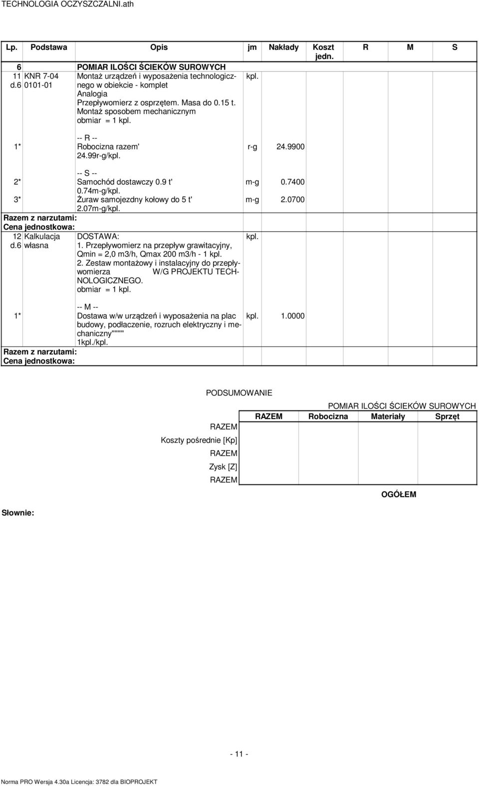 Przepływomierz na przepływ grawitacyjny, Qmin = 2,0 m3/h, Qmax 200 m3/h - 1 2. Zestaw montażowy i instalacyjny do przepływomierza NOLOGICZNEGO.