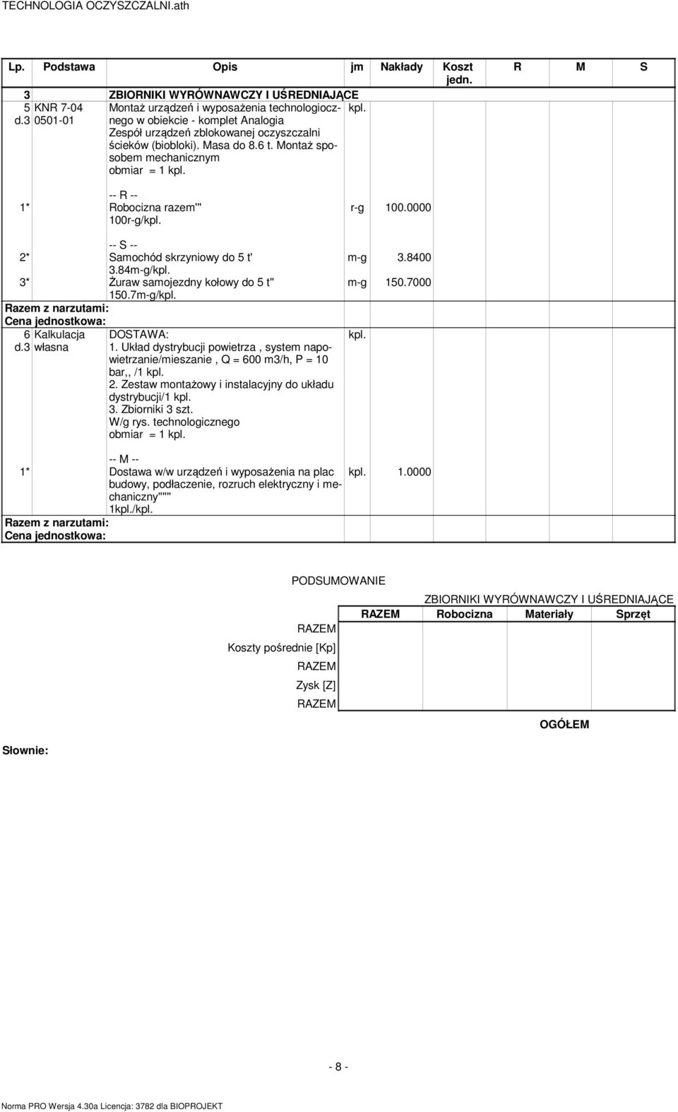 Układ dystrybucji powietrza, system napowietrzanie/mieszanie, Q = 600 m3/h, P = 10 bar,, /1 2. Zestaw montażowy i instalacyjny do układu dystrybucji/1 3. Zbiorniki 3 szt. W/g rys.