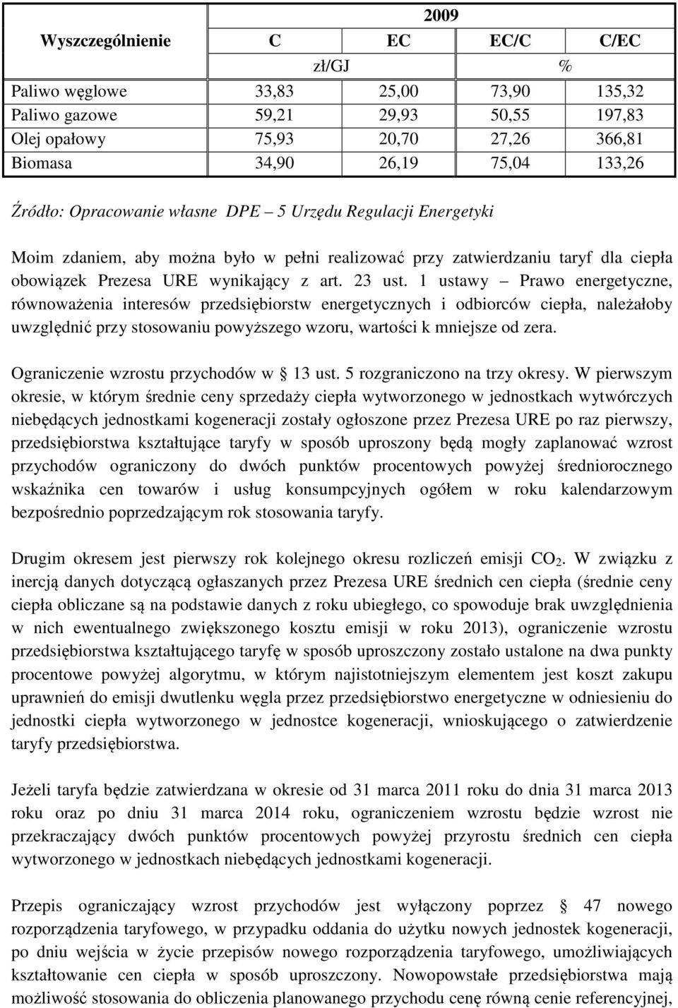 1 ustawy Prawo energetyczne, równoważenia interesów przedsiębiorstw energetycznych i odbiorców ciepła, należałoby uwzględnić przy stosowaniu powyższego wzoru, wartości k mniejsze od zera.