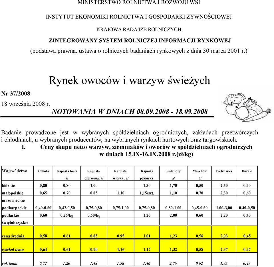 2008-18.09.2008 Badanie prowadzone jest w wybranych spółdzielniach ogrodniczych, zakładach przetwórczych i chłodniach, u wybranych producentów, na wybranych rynkach hurtowych oraz targowiskach. I.