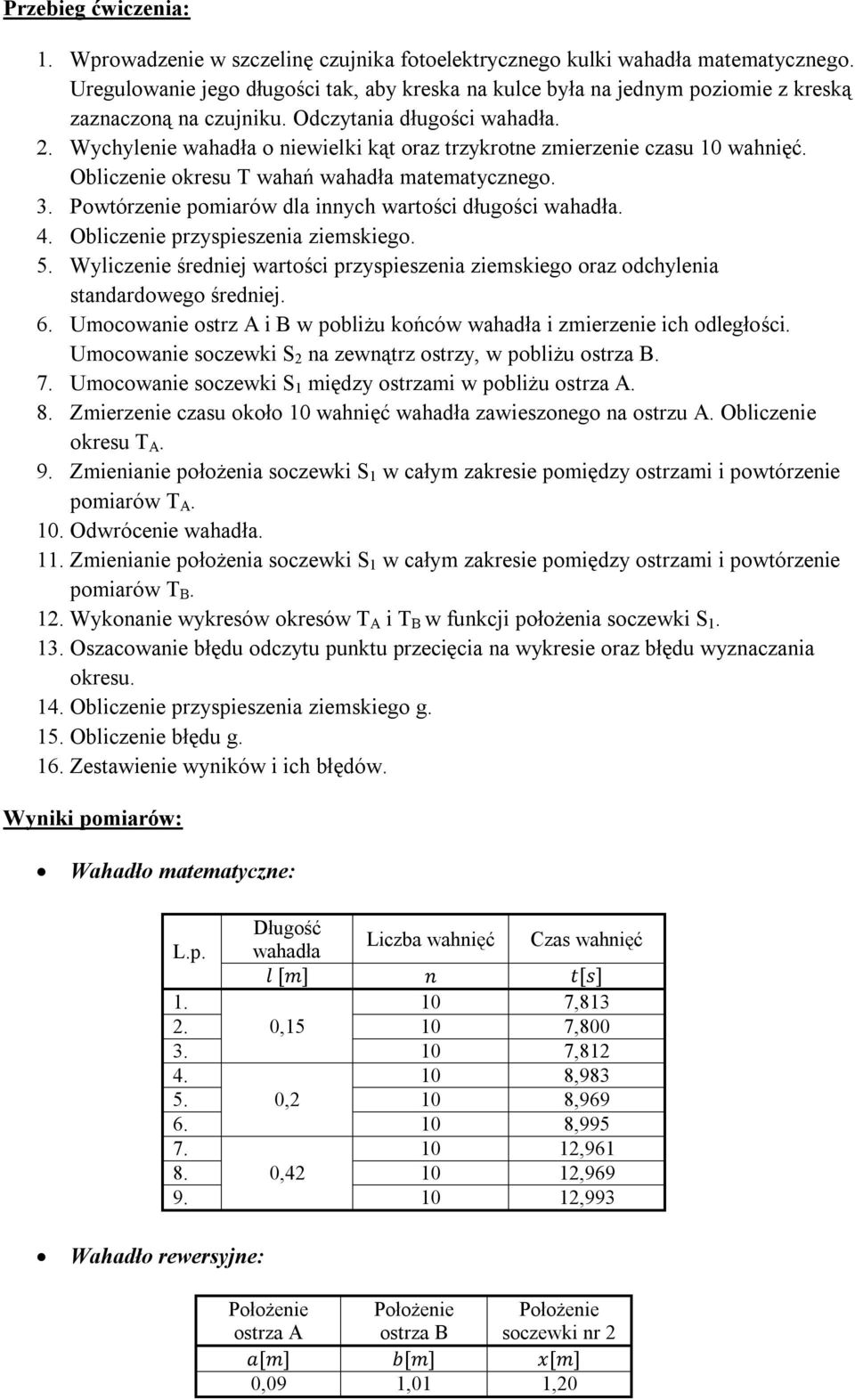 Wychylenie wahadła o niewielki kąt oraz trzykrotne zmierzenie czasu 10 wahnięć. Obliczenie okresu T wahań wahadła matematycznego. 3. Powtórzenie pomiarów dla innych wartości długości wahadła. 4.