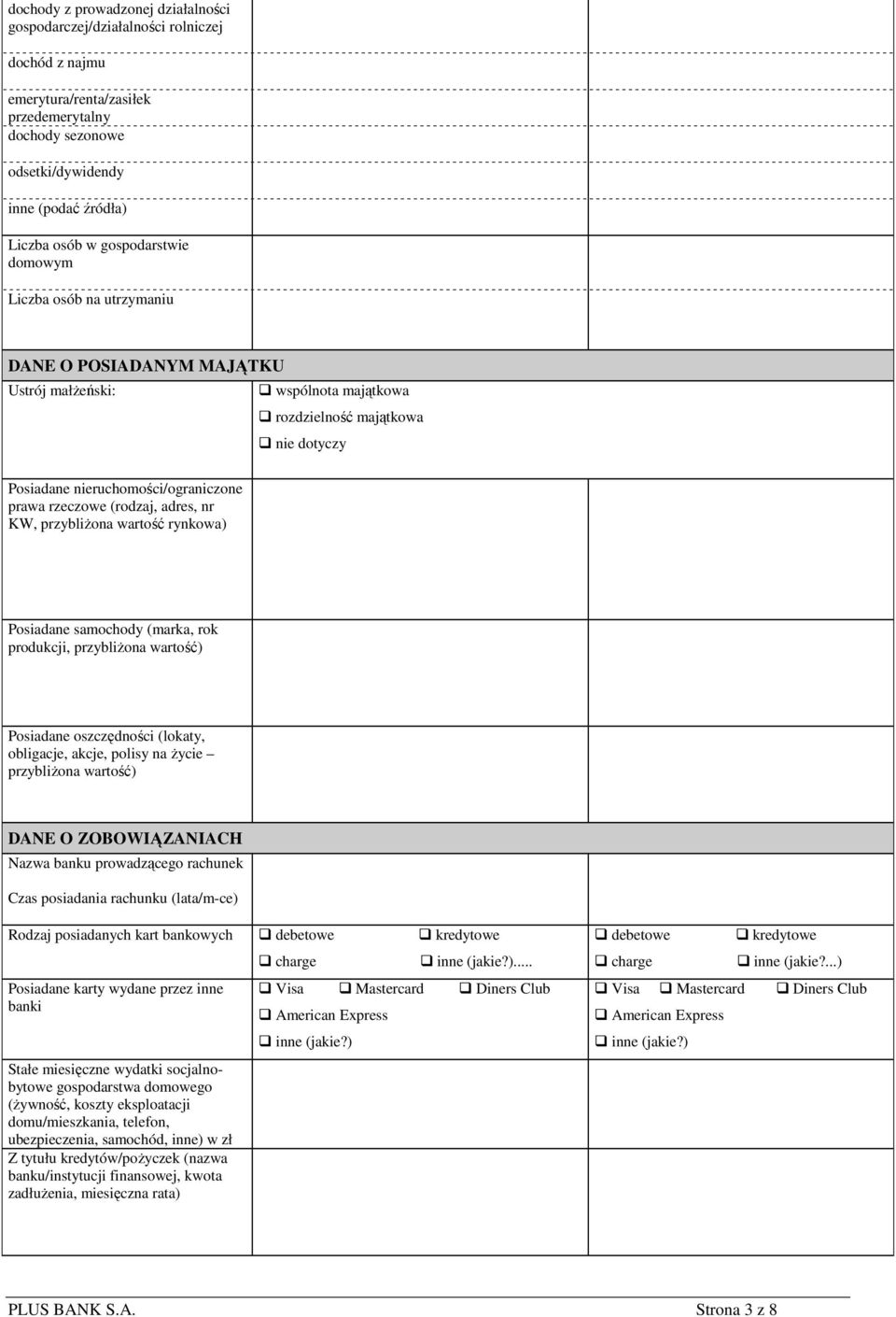 (rodzaj, adres, nr KW, przybliżona wartość rynkowa) Posiadane samochody (marka, rok produkcji, przybliżona wartość) Posiadane oszczędności (lokaty, obligacje, akcje, polisy na życie przybliżona