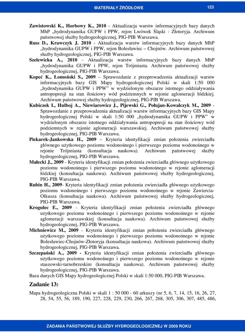 , 2010 - Aktualizacja warstw informacyjnych bazy danych MhP hydrodynamika GUPW i PPW, rejon Trójmiasta. Archiwum państwowej słuŝby Kopeć K., Łomoński S.