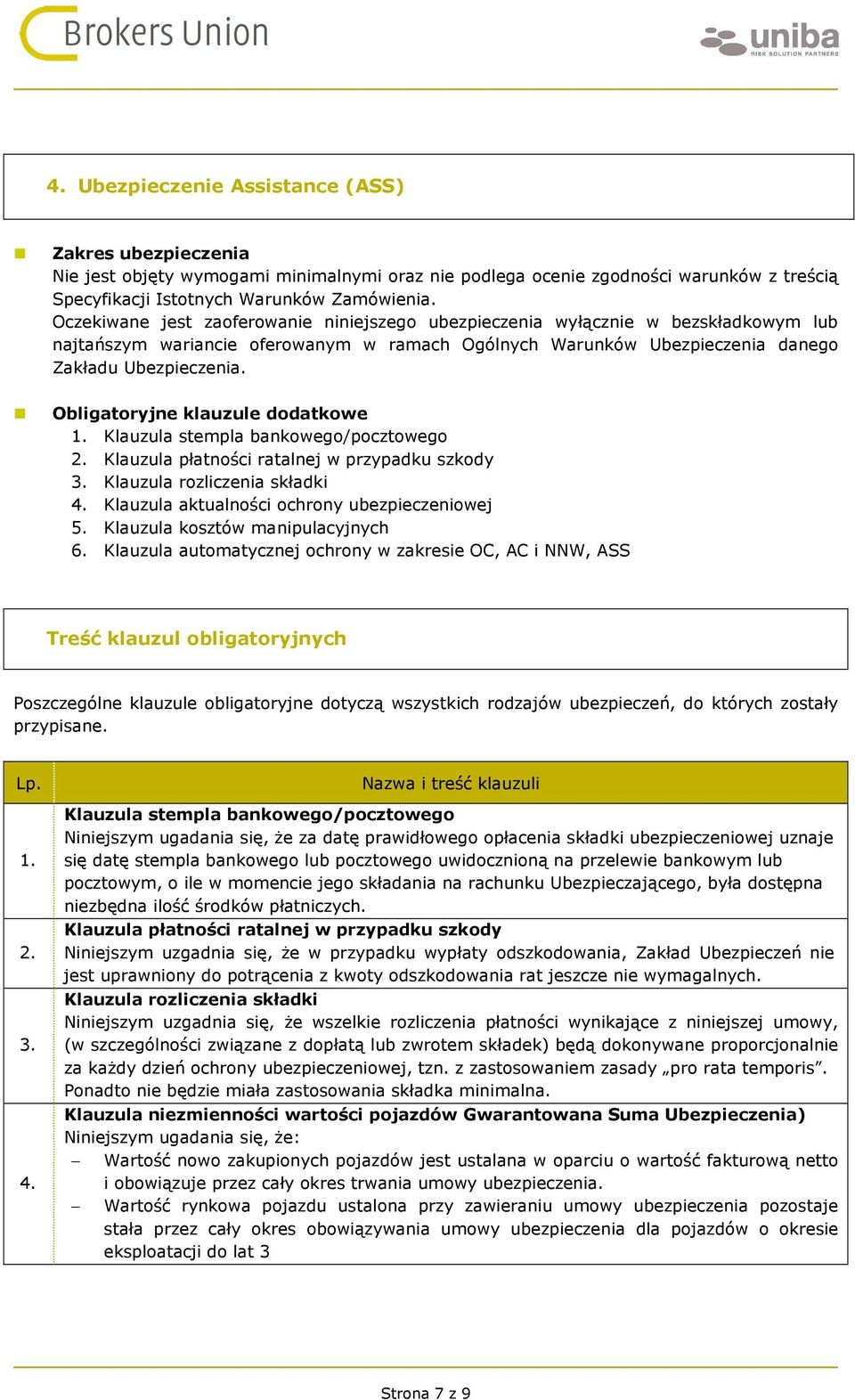 Obligatoryjne klauzule dodatkowe 1. Klauzula stempla bankowego/pocztowego 2. Klauzula płatności ratalnej w przypadku szkody 3. Klauzula rozliczenia składki 4.