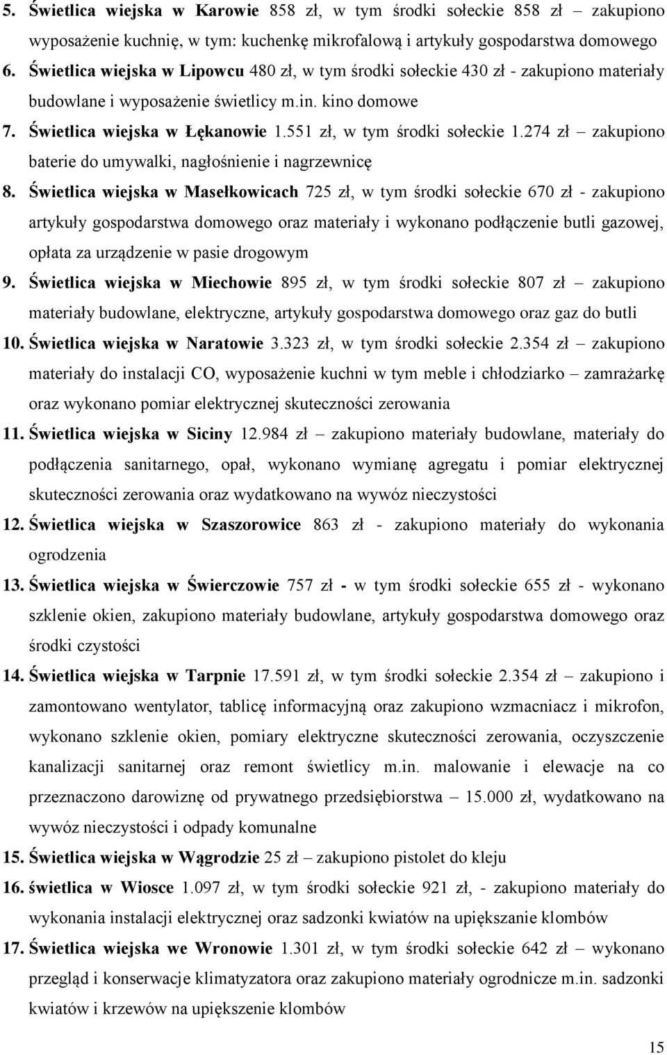 551 zł, w tym środki sołeckie 1.274 zł zakupiono baterie do umywalki, nagłośnienie i nagrzewnicę 8.