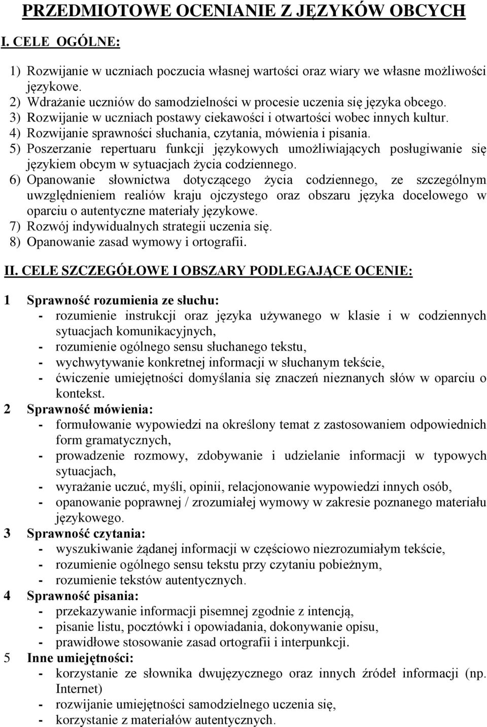 4) Rozwijanie sprawności słuchania, czytania, mówienia i pisania. 5) Poszerzanie repertuaru funkcji językowych umożliwiających posługiwanie się językiem obcym w sytuacjach życia codziennego.