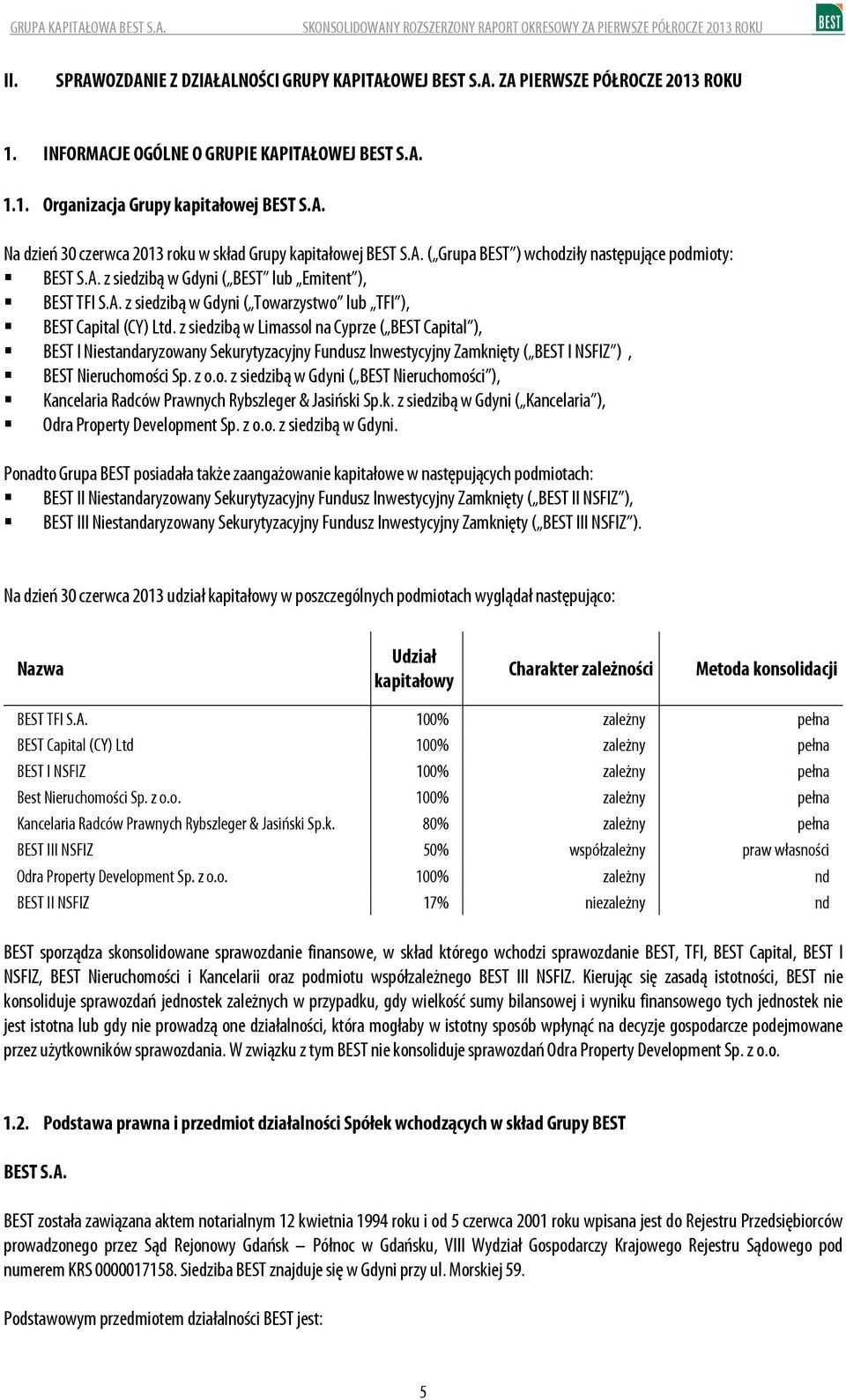 z siedzibą w Limassol na Cyprze ( BEST Capital ), BEST I Niestandaryzowany Sekurytyzacyjny Fundusz Inwestycyjny Zamknięty ( BEST I NSFIZ ), BEST Nieruchomości Sp. z o.o. z siedzibą w Gdyni ( BEST Nieruchomości ), Kancelaria Radców Prawnych Rybszleger & Jasiński Sp.
