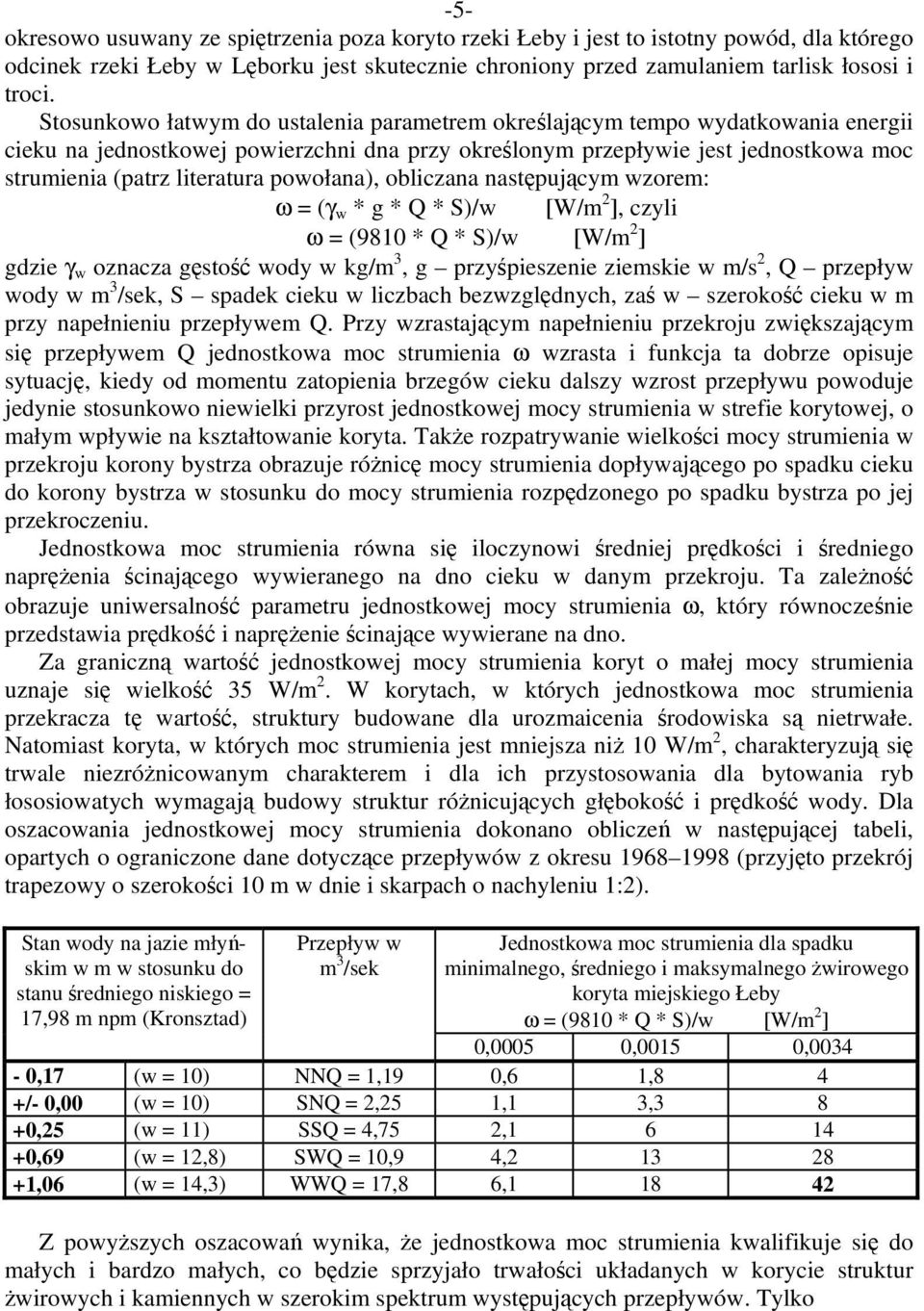 powołana), obliczana następującym wzorem: ω = (γ w * g * Q * S)/w [W/m 2 ], czyli ω = (9810 * Q * S)/w [W/m 2 ] gdzie γ w oznacza gęstość wody w kg/m 3, g przyśpieszenie ziemskie w m/s 2, Q przepływ