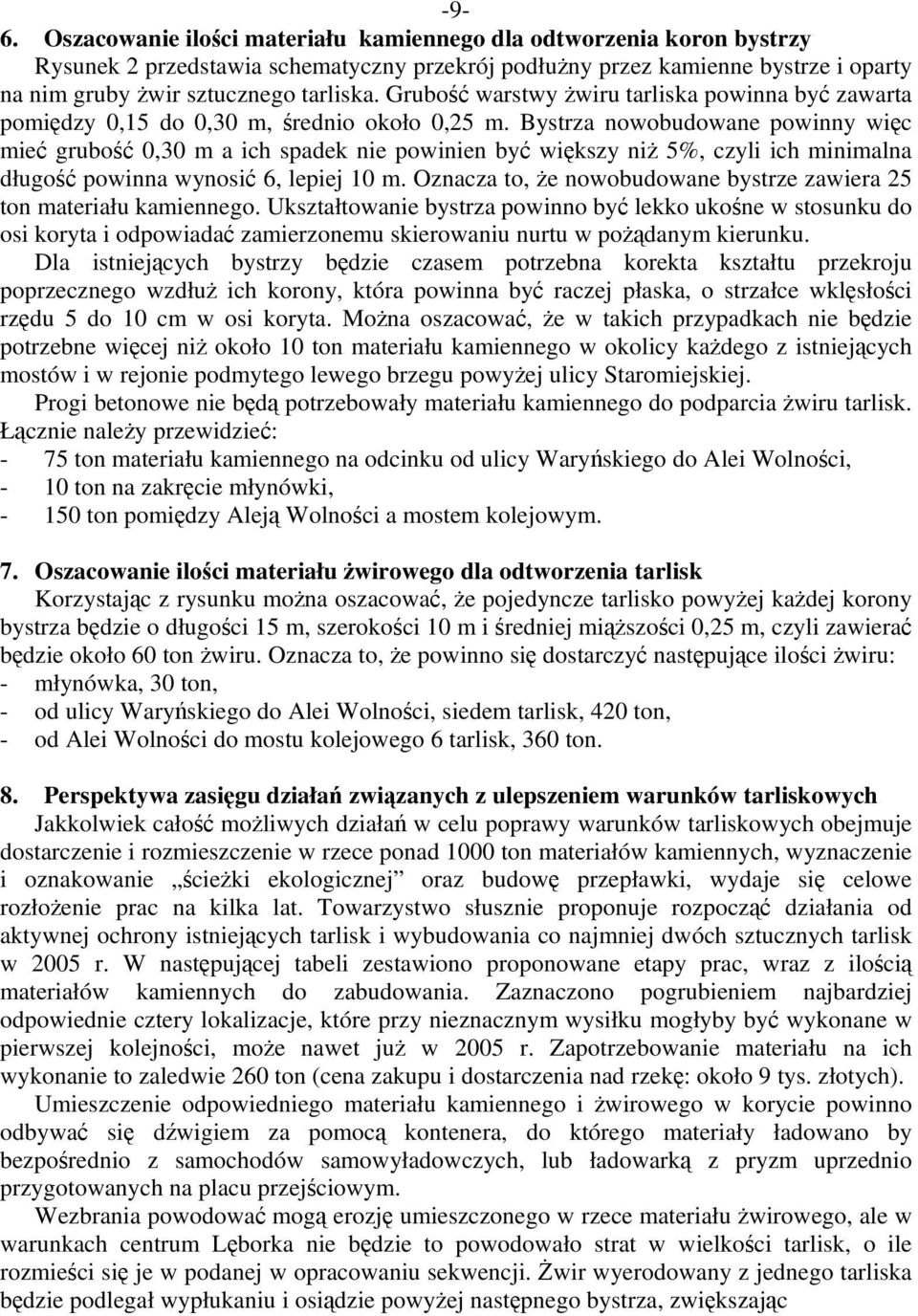 Bystrza nowobudowane powinny więc mieć grubość 0,30 m a ich spadek nie powinien być większy niż 5%, czyli ich minimalna długość powinna wynosić 6, lepiej 10 m.