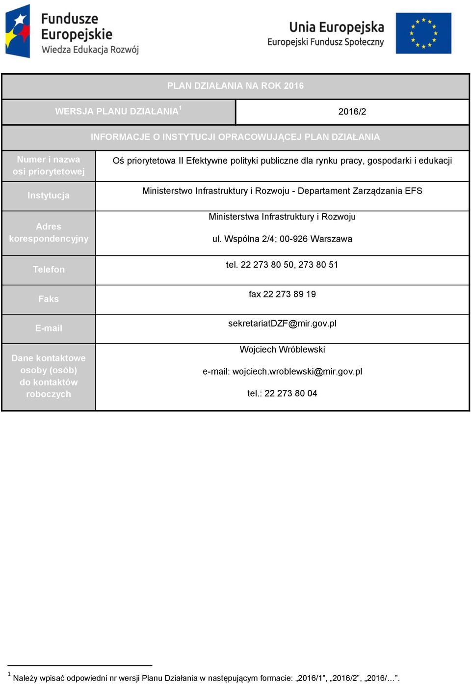 Infrastruktury i Rozwoju - Departament Zarządzania EFS Ministerstwa Infrastruktury i Rozwoju ul. Wspólna 2/4; 00-926 Warszawa tel.