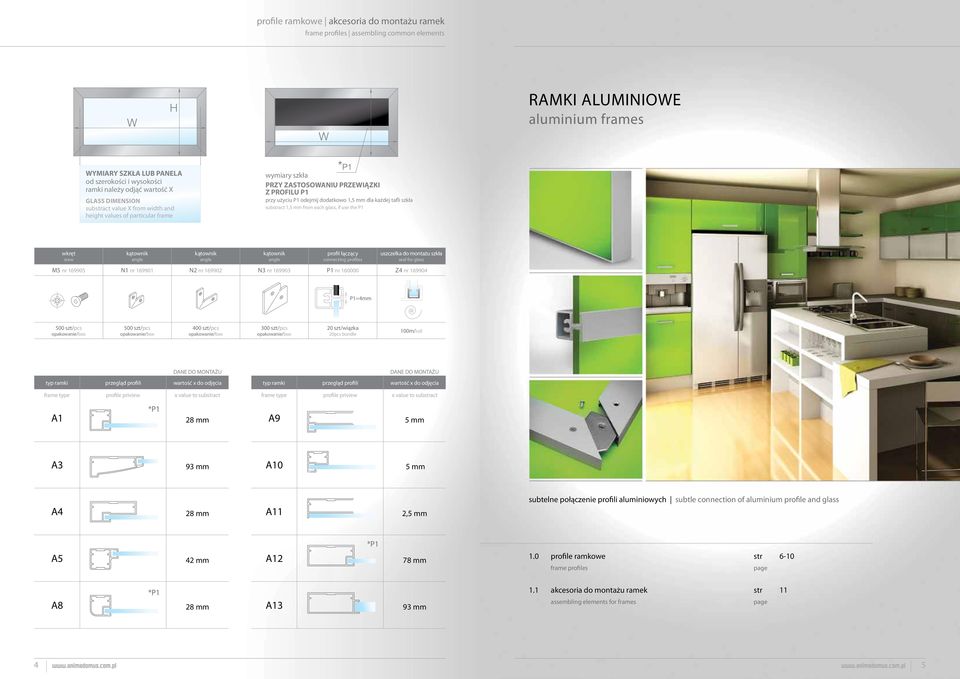 subact 1,5 from each glass, if use the P1 wkręt srew kątownik angle kątownik angle kątownik angle profil łączący connecting profiles uszczelka do montażu szkła seal for glass M5 nr 169905 N1 nr
