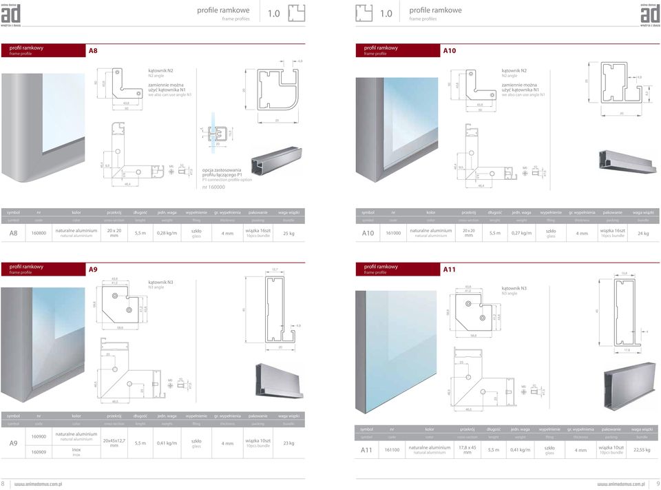 zamiennie można użyć kątownika N1 we also can use angle N1 opcja zastosowania profilu łączącego P1 P1 connection profile option nr 160000 symbol nr kolor przekrój długość jedn. waga wypełnienie gr.