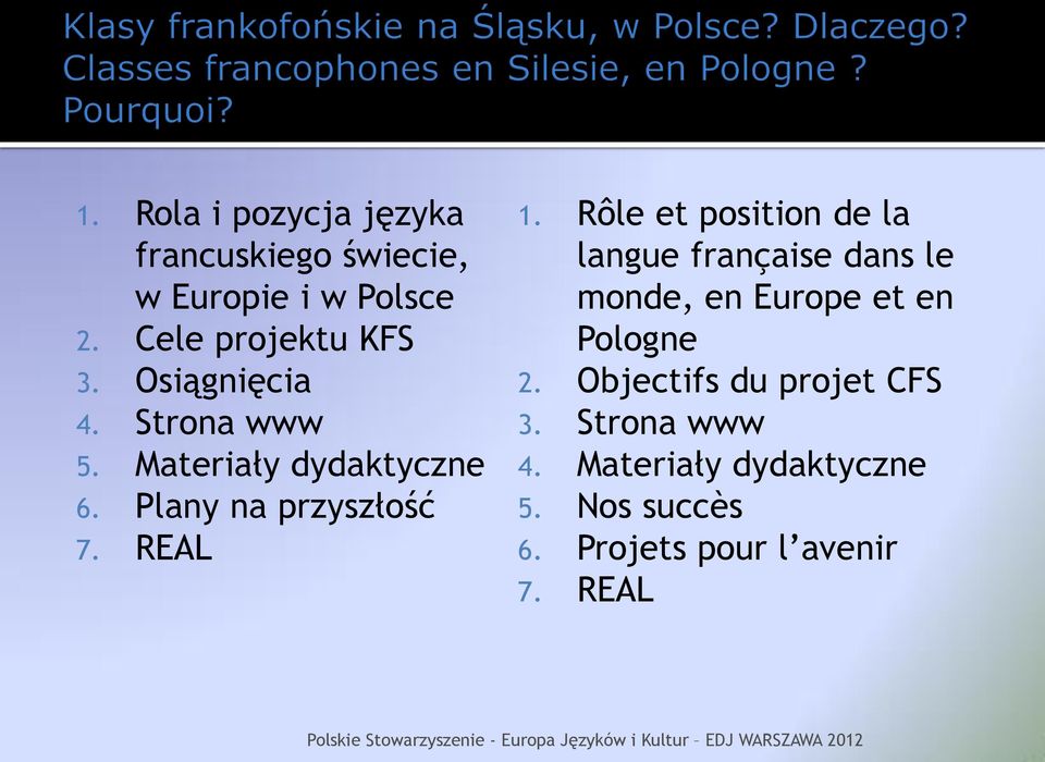 Rôle et position de la langue française dans le monde, en Europe et en Pologne 2. Objectifs du projet CFS 3.